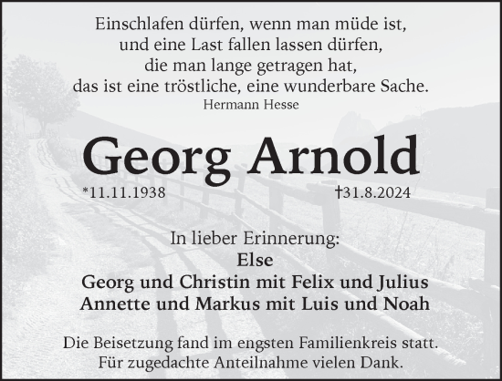 Traueranzeige von Georg Arnold von Pegnitz-Zeitung