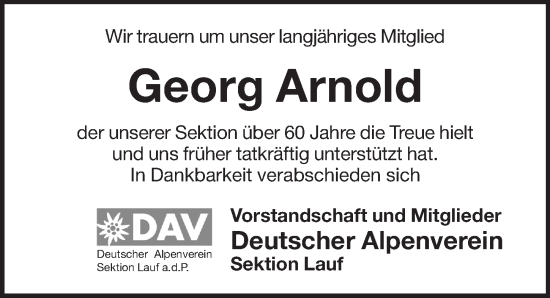 Traueranzeige von Georg Arnold von Pegnitz-Zeitung