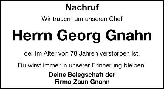 Traueranzeige von Georg Gnahn von Hersbrucker Zeitung Lokal