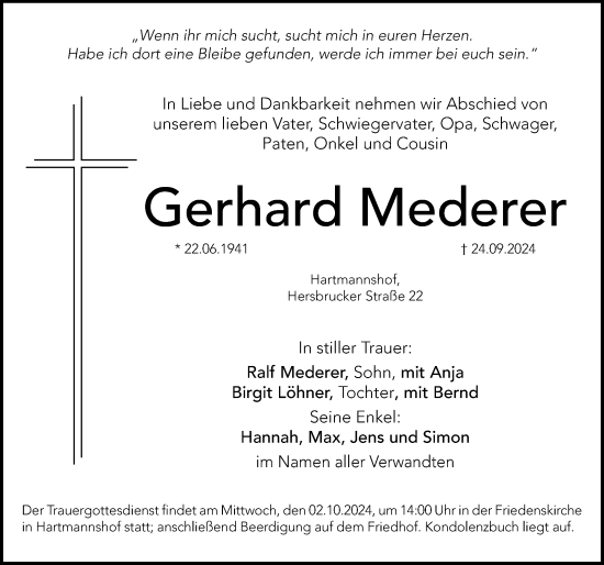 Traueranzeige von Gerhard Mederer von Hersbrucker Zeitung Lokal