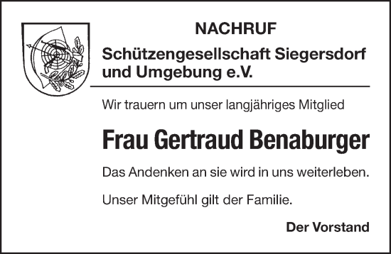 Traueranzeige von Gertraud Benaburger von Pegnitz-Zeitung