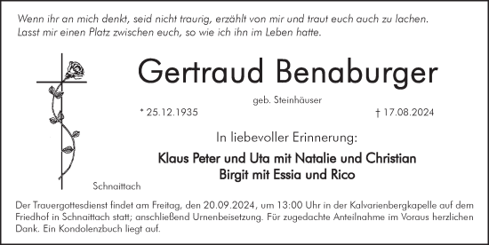 Traueranzeige von Gertraud Benaburger von Pegnitz-Zeitung