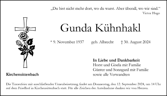 Traueranzeige von Gunda Kühnhakl von Hersbrucker Zeitung Lokal