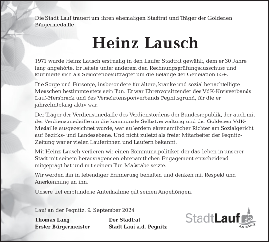 Traueranzeige von Heinz Lausch von Pegnitz-Zeitung
