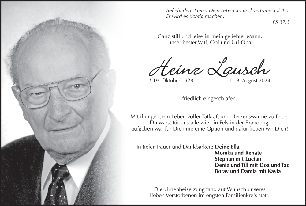  Traueranzeige für Heinz Lausch vom 07.09.2024 aus Pegnitz-Zeitung