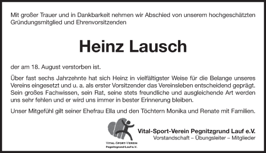 Traueranzeige von Heinz Lausch von Pegnitz-Zeitung