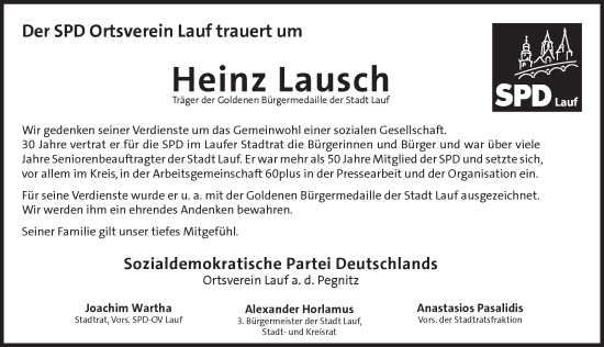 Traueranzeige von Heinz Lausch von Pegnitz-Zeitung