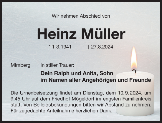 Traueranzeige von Heinz Müller von Der Bote