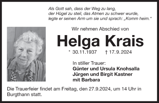 Traueranzeige von Helga Krais von Der Bote