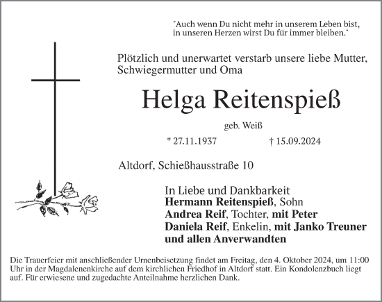 Traueranzeige von Helga Reitenspieß von Der Bote