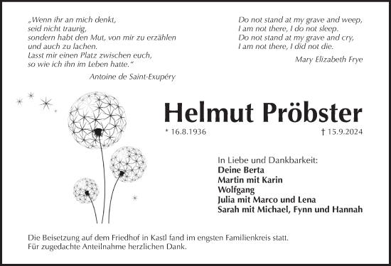 Traueranzeige von Helmut Pröbster von Pegnitz-Zeitung