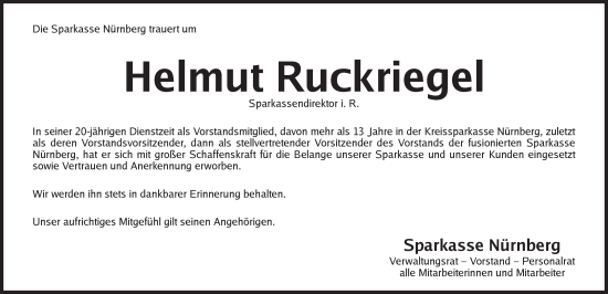 Traueranzeige von Helmut Ruckriegel von Der Bote