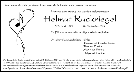 Traueranzeige von Helmut Ruckriegel von Hersbrucker Zeitung Lokal