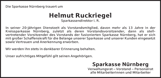 Traueranzeige von Helmut Ruckriegel von Der Bote