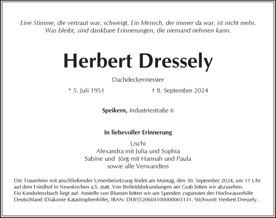 Traueranzeige von Herbert Dressely von Pegnitz-Zeitung