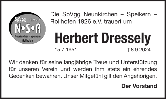 Traueranzeige von Herbert Dressely von Pegnitz-Zeitung