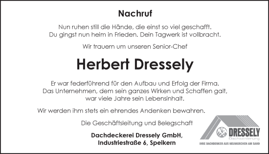 Traueranzeige von Herbert Dressely von Pegnitz-Zeitung