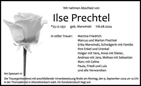 Traueranzeige von Ilse Prechtel von Hersbrucker Zeitung Lokal