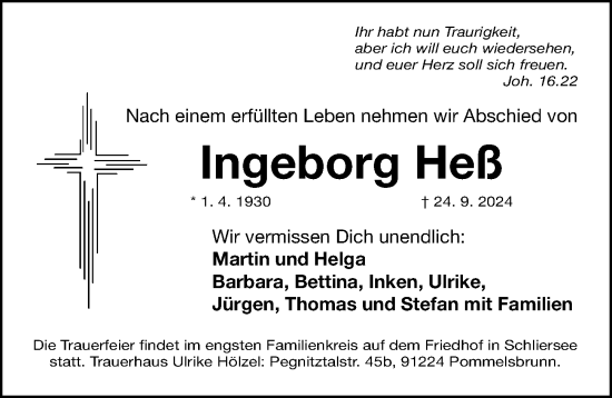 Traueranzeige von Ingeborg Heß von Pegnitz-Zeitung