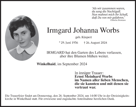 Traueranzeige von Irmgard Worbs von Der Bote