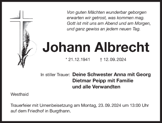 Traueranzeige von Johann Albrecht von Der Bote