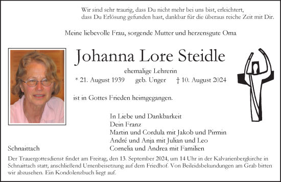 Traueranzeige von Johanna Lore Steidle von Pegnitz-Zeitung
