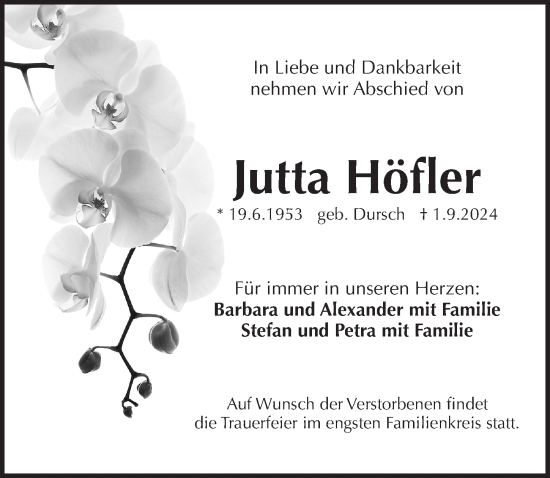 Traueranzeige von Jutta Höfler von Pegnitz-Zeitung