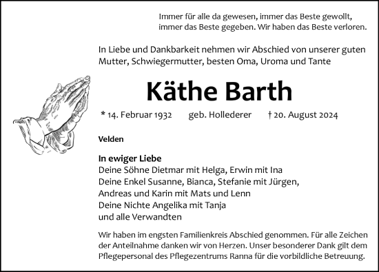 Traueranzeige von Käthe Barth von Hersbrucker Zeitung Lokal