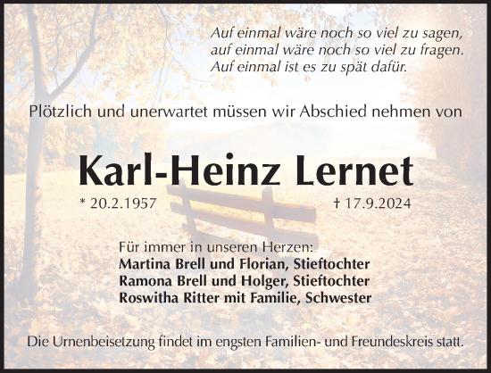 Traueranzeige von Karl-Heinz Lernet von Pegnitz-Zeitung