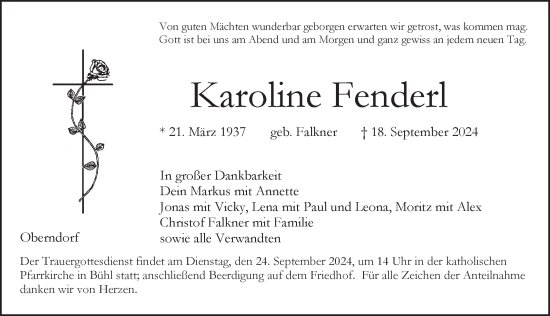Traueranzeige von Karoline Fenderl von Pegnitz-Zeitung