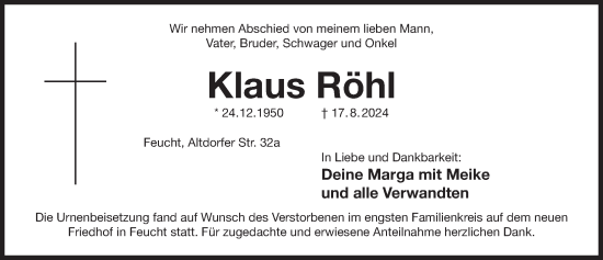 Traueranzeige von Klaus Röhl von Der Bote