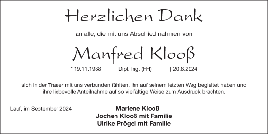 Traueranzeige von Manfred Klooß von Pegnitz-Zeitung