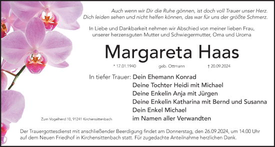 Traueranzeige von Margareta Haas von Hersbrucker Zeitung Lokal
