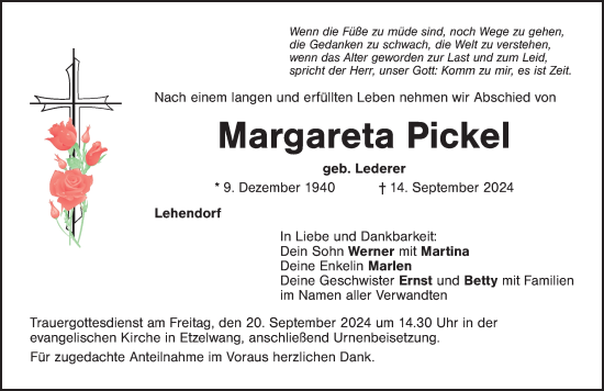 Traueranzeige von Margareta Pickel von Hersbrucker Zeitung Lokal