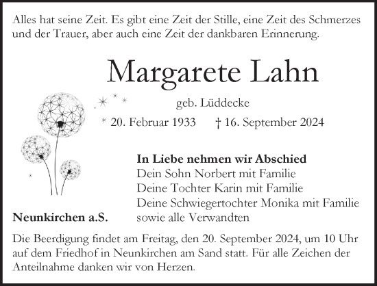 Traueranzeige von Margarete Lahn von Pegnitz-Zeitung