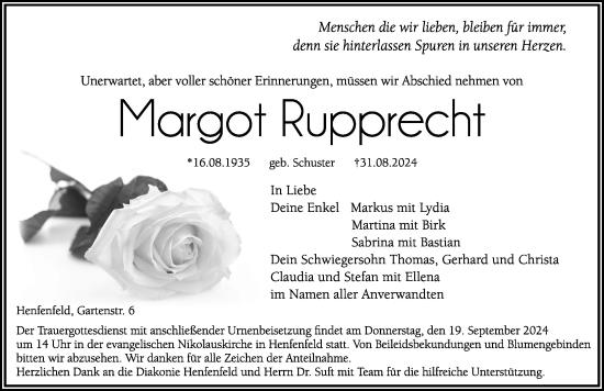 Traueranzeige von Margot Rupprecht von Hersbrucker Zeitung Lokal