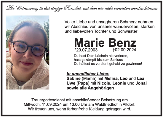 Traueranzeige von Marie Benz von Der Bote