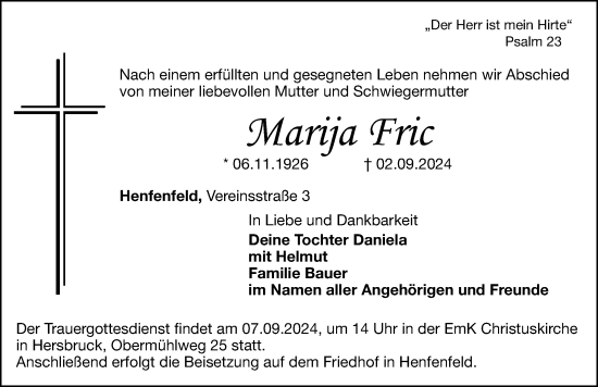 Traueranzeige von Marija Fric von Hersbrucker Zeitung Lokal