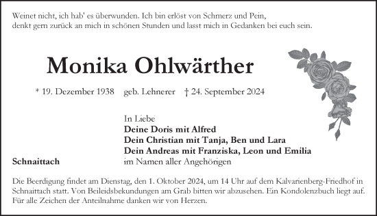 Traueranzeige von Monika Ohlwärther von Pegnitz-Zeitung