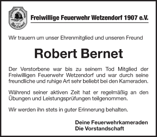 Traueranzeige von Robert Bernet von Pegnitz-Zeitung