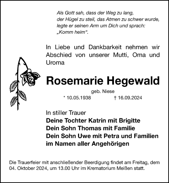 Traueranzeige von Rosemarie Hegewald von Hersbrucker Zeitung Lokal