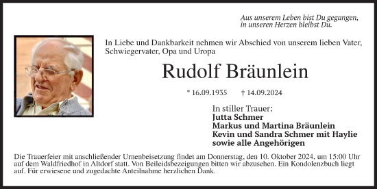 Traueranzeige von Rudolf Bräunlein von Der Bote