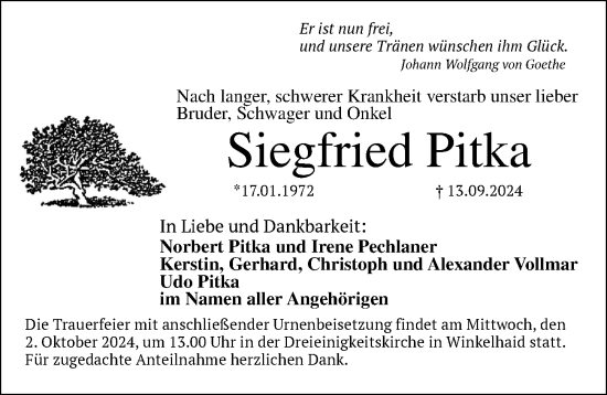 Traueranzeige von Siegfried Pitka von Der Bote