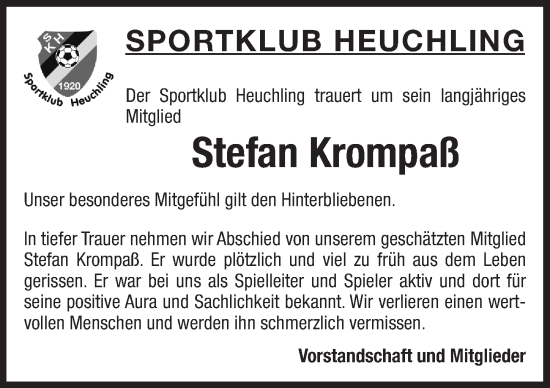 Traueranzeige von Stefan Krompaß von Pegnitz-Zeitung