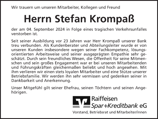 Traueranzeige von Stefan Krompaß von Pegnitz-Zeitung