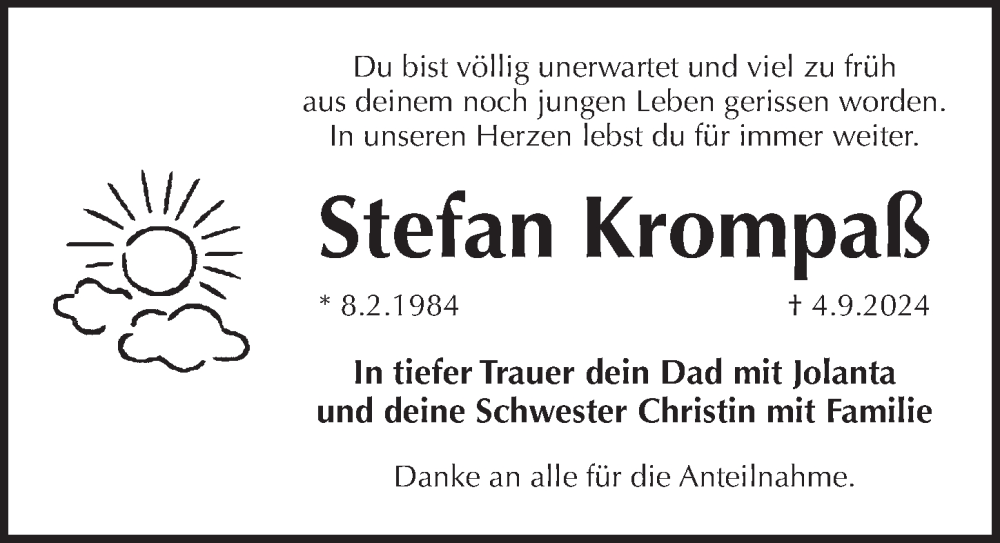  Traueranzeige für Stefan Krompaß vom 28.09.2024 aus Pegnitz-Zeitung