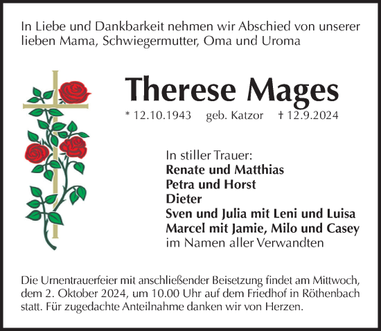 Traueranzeige von Therese Mages von Pegnitz-Zeitung