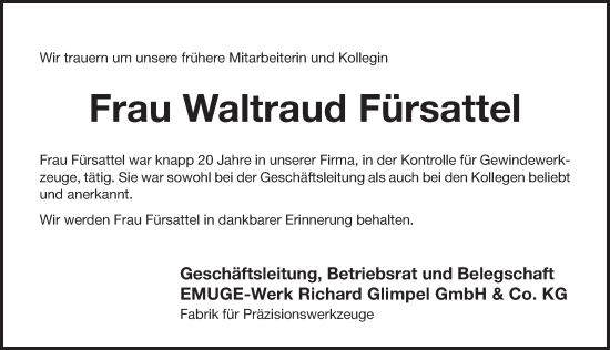 Traueranzeige von Waltraud Fürsattel von Pegnitz-Zeitung