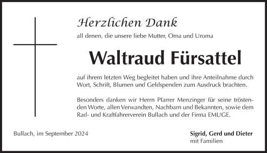 Traueranzeige von Waltraud Fürsattel von Pegnitz-Zeitung
