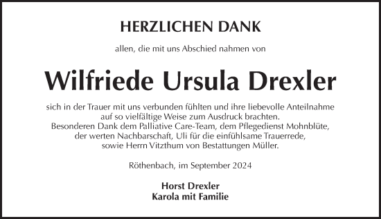 Traueranzeige von Wilfriede Ursula Drexler von Pegnitz-Zeitung